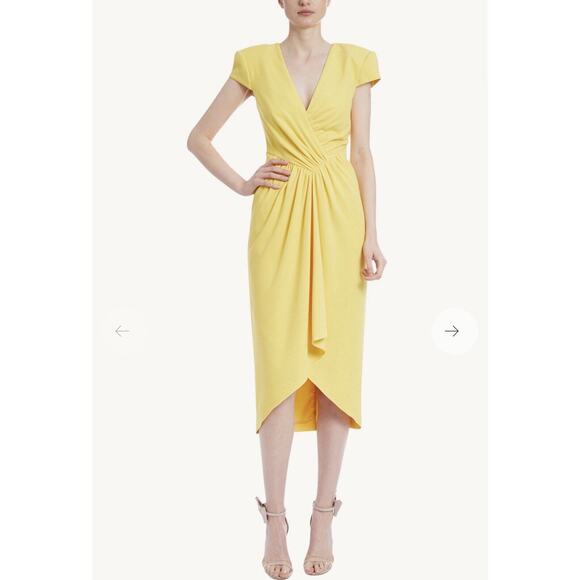 Badgley Mischka Front Pleated Yellow V-Neck Short Sleeve Dress Size 12 NWT - Picture 1 of 8